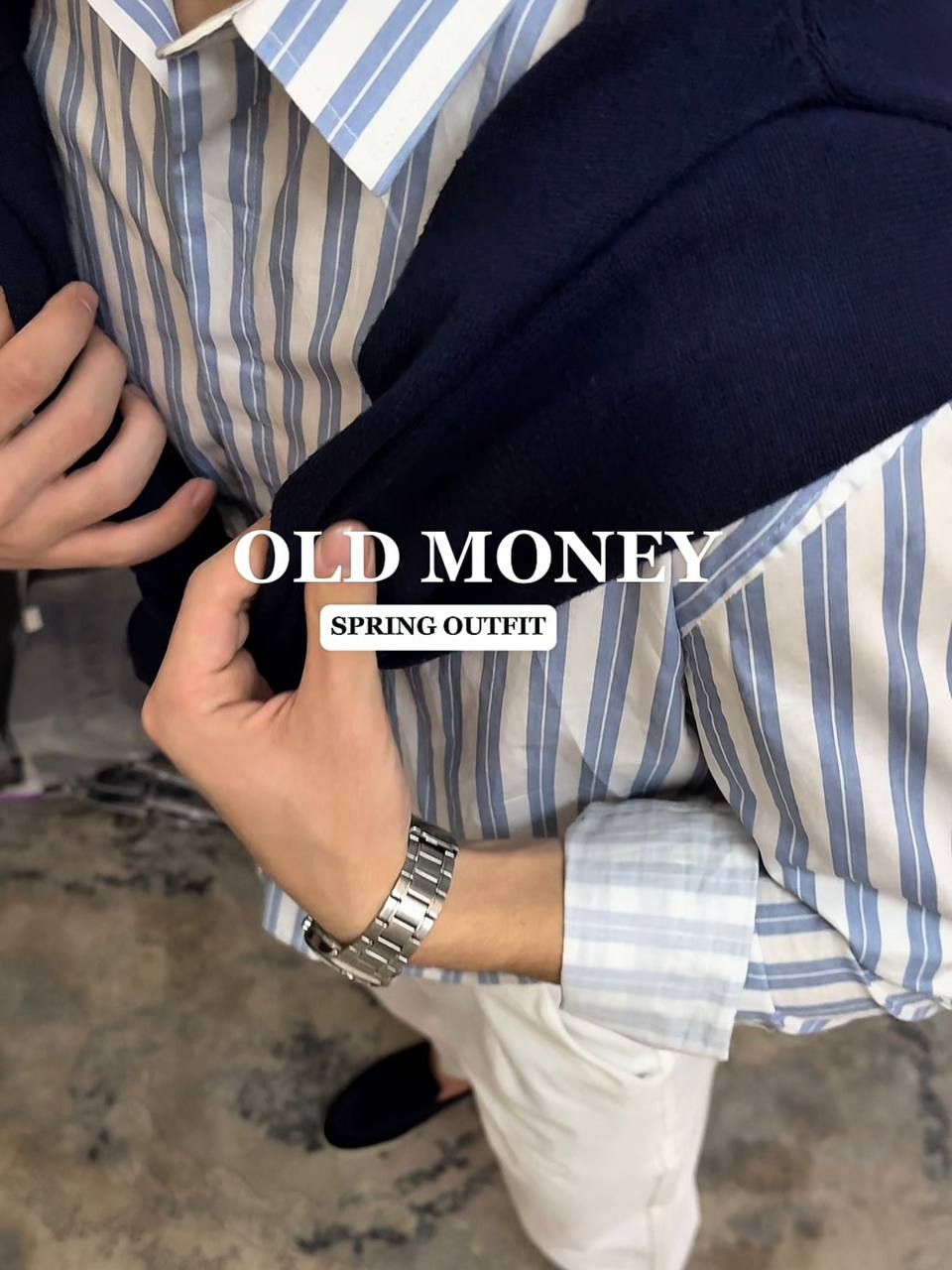 Old Money Spring Look – Striped Shirt & Navy Sweater