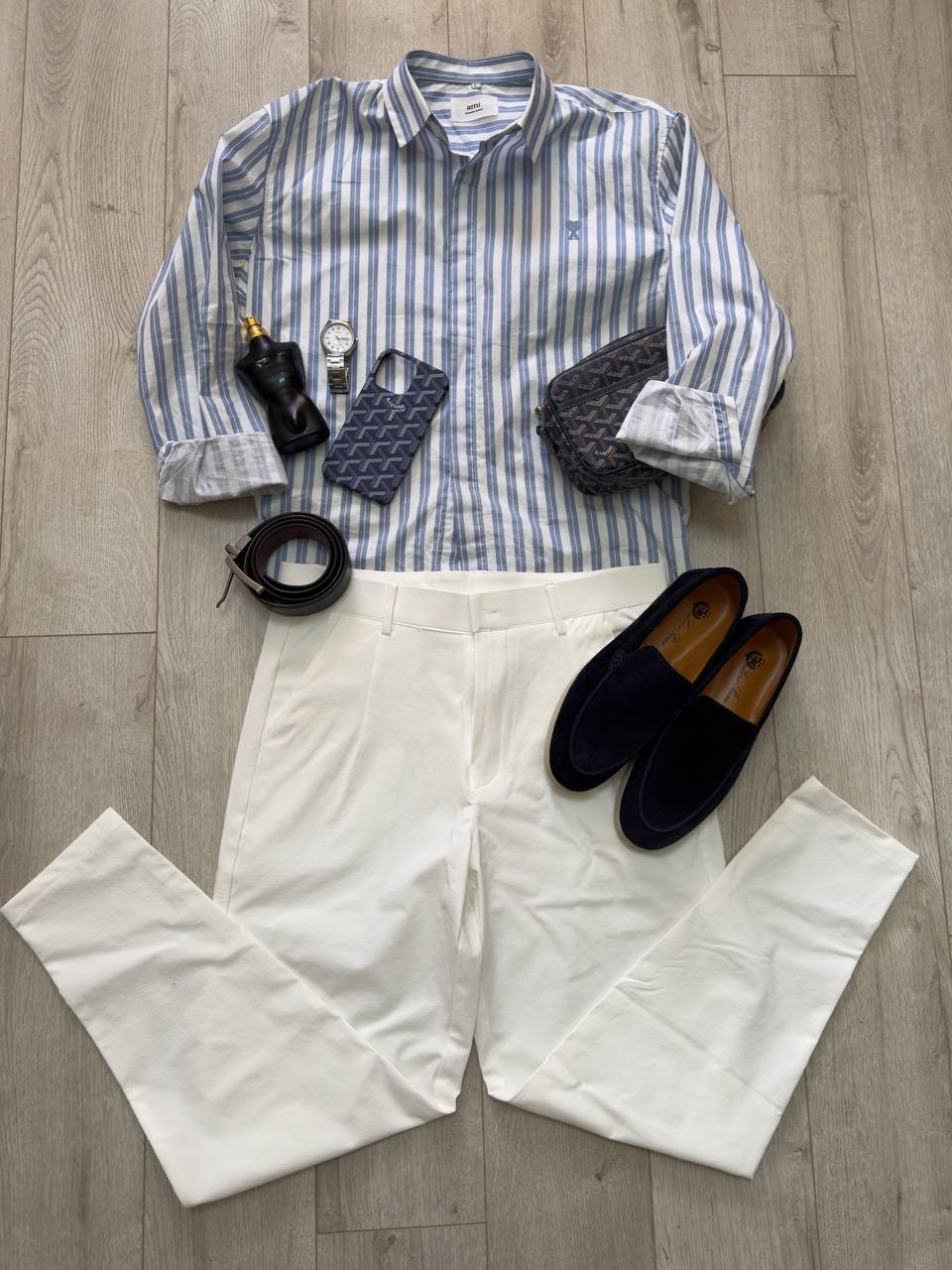 Old Money Spring Look – Striped Shirt & Navy Sweater