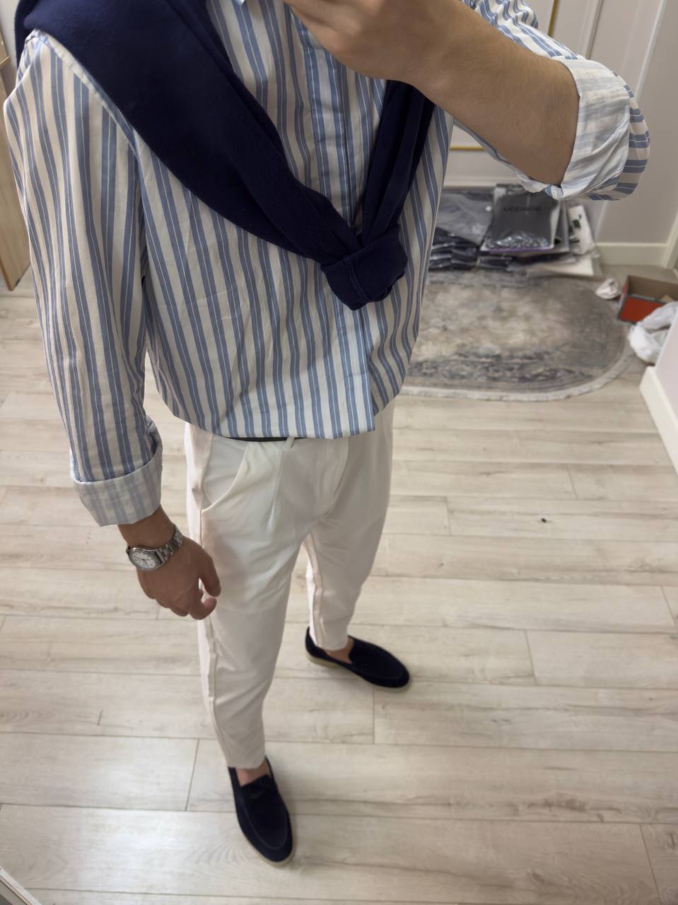 Old Money Spring Look – Striped Shirt & Navy Sweater