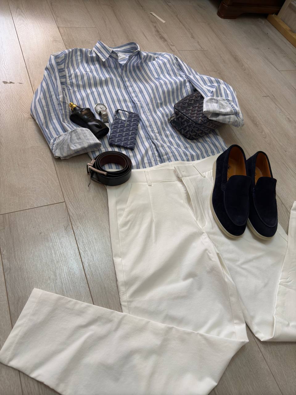 Old Money Spring Look – Striped Shirt & Navy Sweater