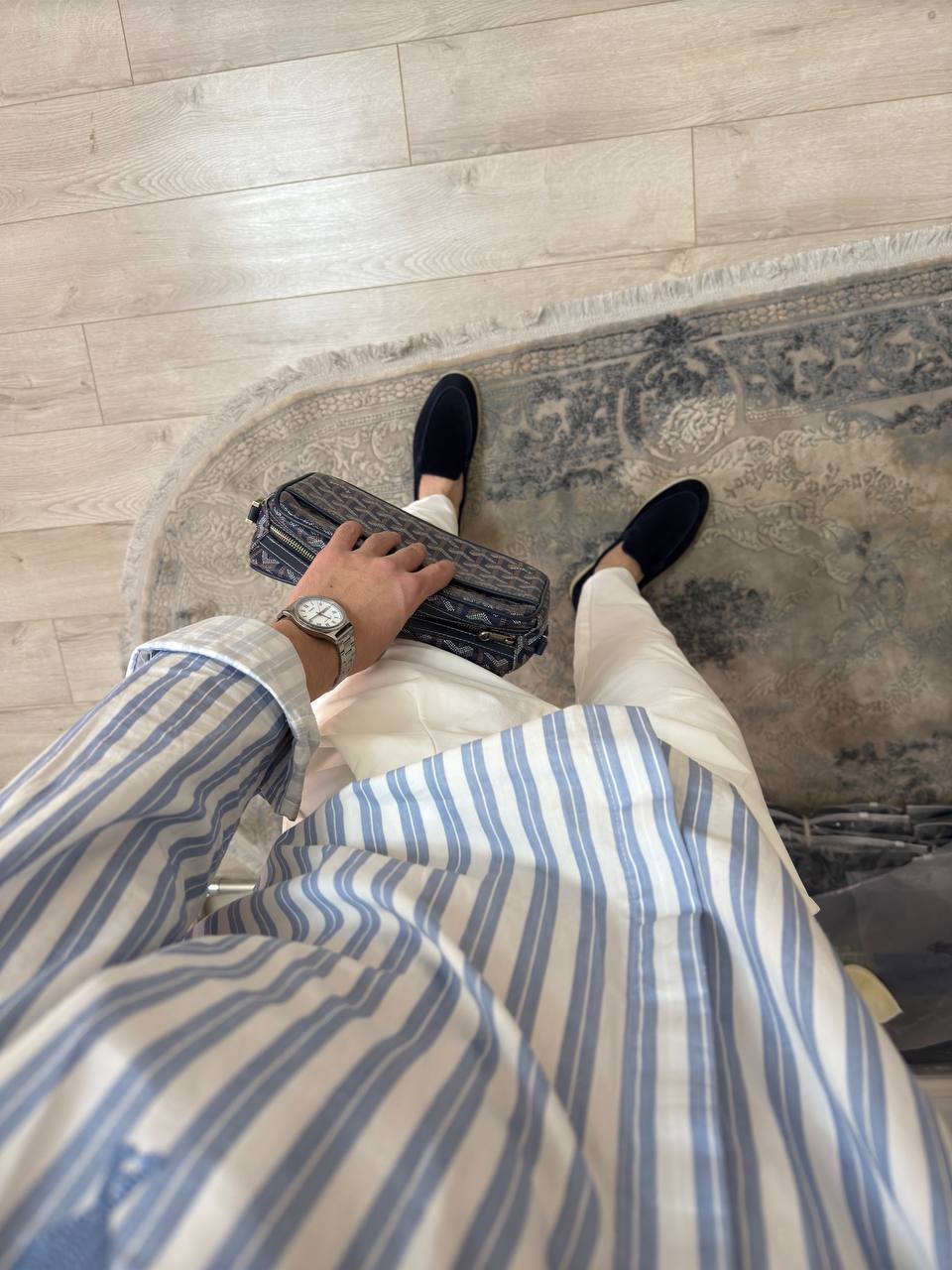 Old Money Spring Look – Striped Shirt & Navy Sweater