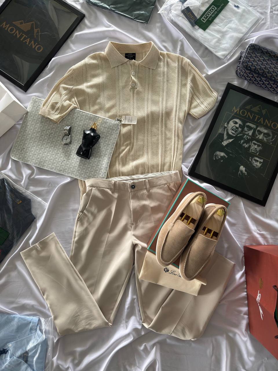 Old Money Summer Look – Beige Polo & Cream Trousers Set