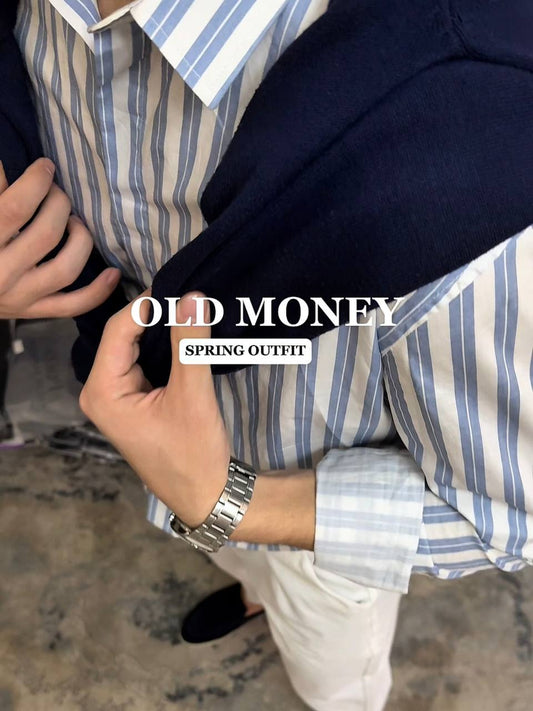 Old Money Spring Look – Striped Shirt & Navy Sweater
