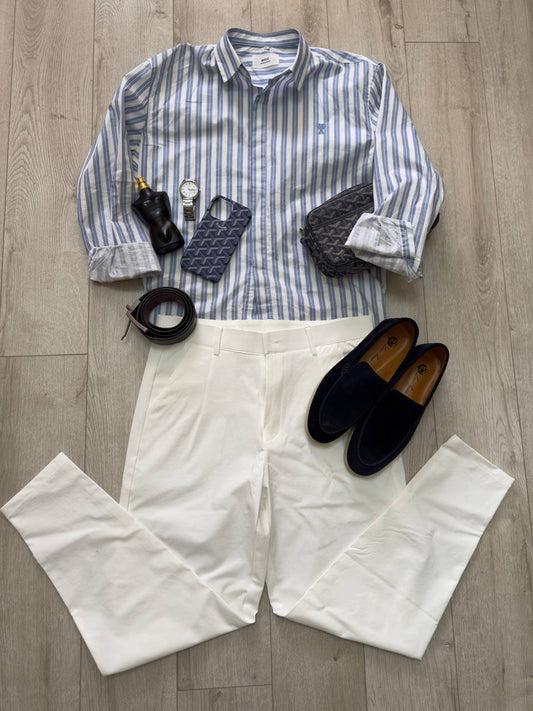 Old Money Spring Look – Striped Shirt & Navy Sweater